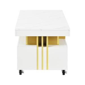 English Elm Faux Marble Rectangular Coffee Table with Gold Bars Drawers and Caster Wheels White WF305961AAK