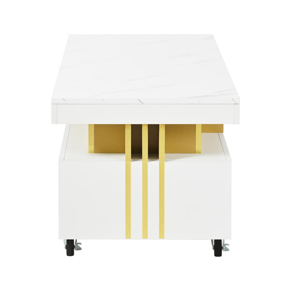 English Elm Faux Marble Rectangular Coffee Table with Gold Bars Drawers and Caster Wheels White WF305961AAK