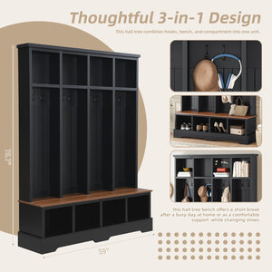English Elm Farmhouse Hall Tree with Triple Arch Back Panel Eight Hooks Drawers and Entryway Bench Black N721S000075B