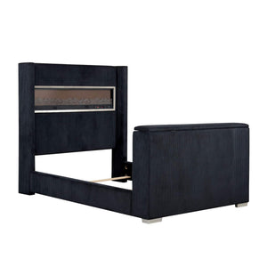 English Elm Black Eastern King Platform Bed Wingback Headboard with Motorized Tv Lift Fireplace Black,Multi B2741S00798
