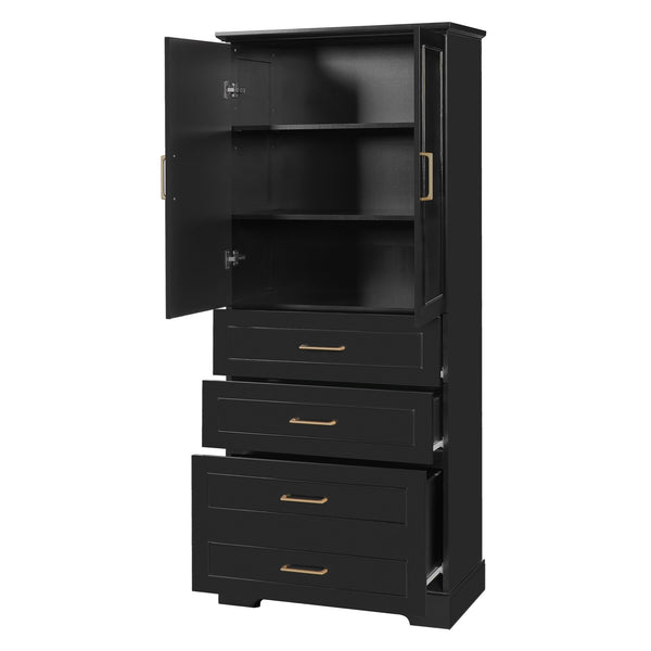 English Elm 72.2'' Tall Freestanding Bathroom Cabinet with 3 Drawers, Adjustable Shelf, Soft-Close Doors, Modern Elegant Design Black N729P296769B
