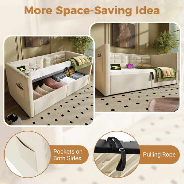 English Elm Upholstered Twin Daybed with Hydraulic Storage, Velvet Tufted Sofa Back, USB & Type-C Charging Port Beige N736P303402B