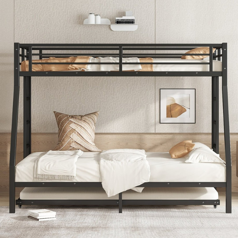 English Elm Twin Metal Bunk Bed With Full Bed & Trundle - Modern Space-Saving Design For Shared Rooms, Black W1580S00130-GIGA