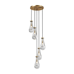 English Elm 5 Light Cluster Pendant with Raindrop Glass & Adjustable Copper Rope, Modern High-Ceiling Chandelier for Living Room, Dining, Stairwell — App-Controlled Gold W1340P316385