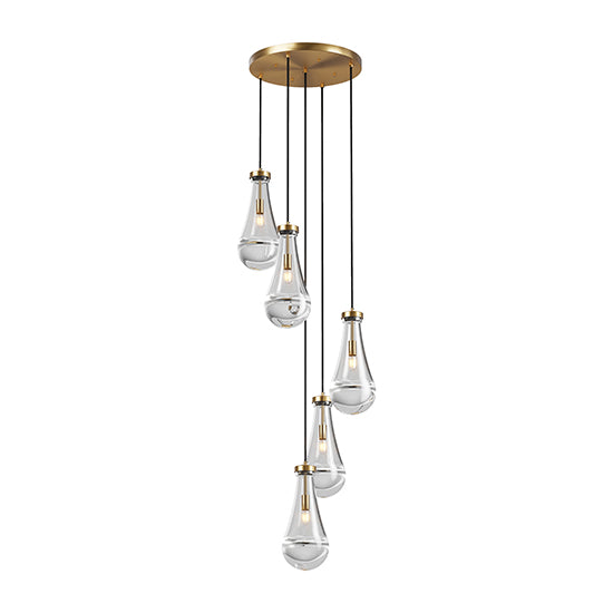 English Elm 5 Light Cluster Pendant with Raindrop Glass & Adjustable Copper Rope, Modern High-Ceiling Chandelier for Living Room, Dining, Stairwell — App-Controlled Gold W1340P316385