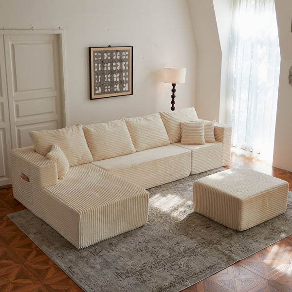 English Elm 133.86" Modular Cloud Sectional Corded Fabric U Shaped Sofa with Ottoman No Assembly W668S00010