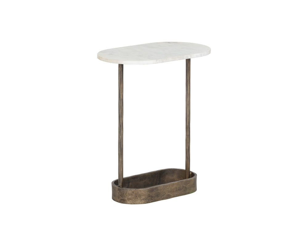 Sunpan Eden End Table - Artisan Crafted White Marble & Hammered Iron Side Table with Antique Brass Base