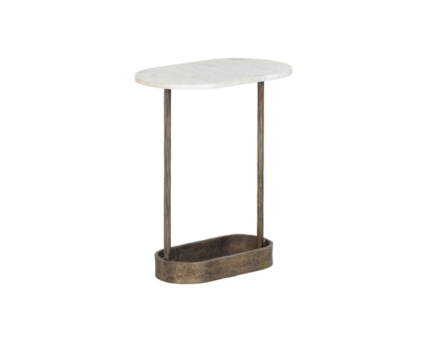 Sunpan Eden End Table - Artisan Crafted White Marble & Hammered Iron Side Table with Antique Brass Base