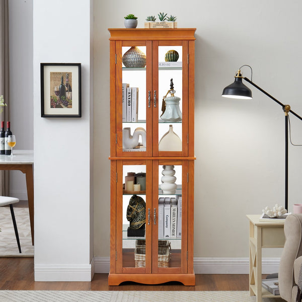 English Elm Lighted Glass Curio Cabinet With Adjustable Shelves, Elegant Oak Frame & Integrated Lighting For Showcasing Collectibles W2275P178797