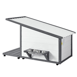 English Elm Outdoor Solid Wood Dog House with Waterproof PVC Roof, Dual Bowls, Lockable 4-Wheel Base, Grey Modern Shelter for Small Pets N843P252402B
