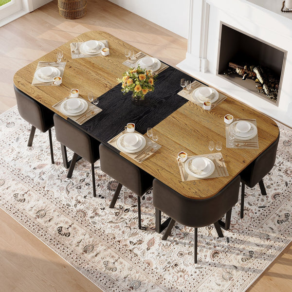 English Elm 9-piece Industrial Modern Dining Set Two-tone Wood Oval Table with Faux Leather Chairs W3875S00136