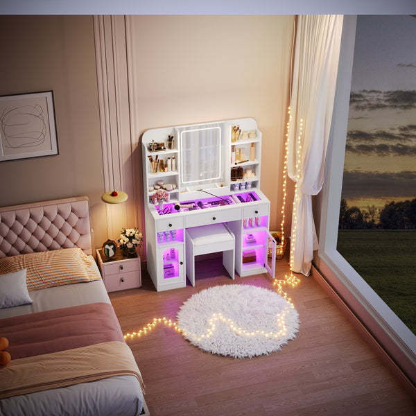English Elm 43.2" Bedroom Dressing Table with Rgb Lit Glass Cabinets Led Mirror and Charging Station White N704P407114K