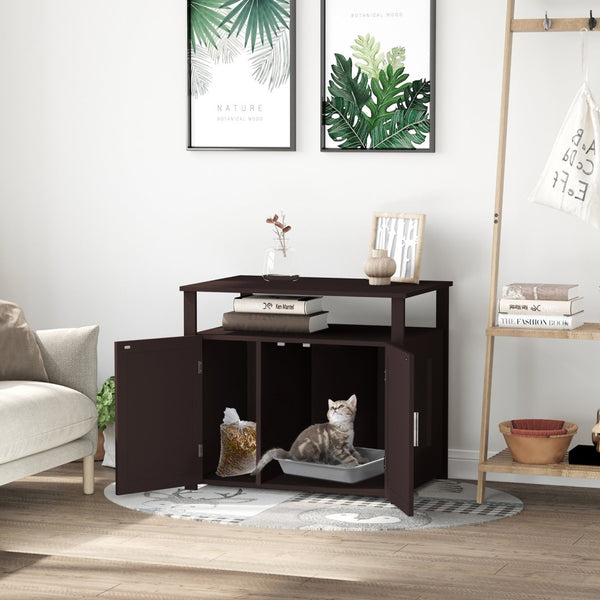 English Elm Pawhut Stylish Wooden Cat Litter Box Enclosure & End Table With Adjustable Partition, Brown W2225P217309-GIGA