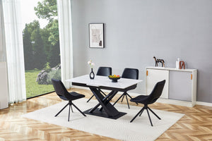 English Elm Modern Extendable Dining Table with Walnut MDF Veneer Top, Dual V-Shaped Metal Base, Sleek Durable Design White Marble W3493S00006