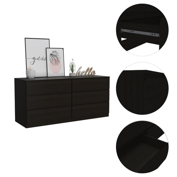 English Elm Seul Six Drawer Double Dresser Superior Top — 60.4" Wide Spacious Surface, Smooth All-Metal Rails, Sleek Design Black 36 L x 24 W x 6 H B128S00115