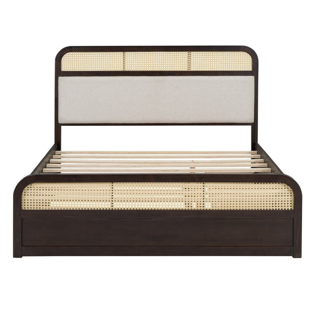 English Elm Queen Wooden Platform Bed With Trundle, 2 Storage Drawers & Padded Headboard In Espresso Finish N820S00010P-GIGA