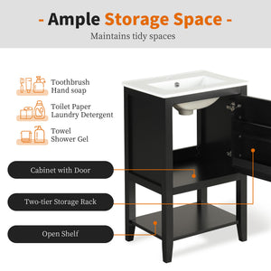 English Elm 20" Matte Freestanding Bathroom Vanity Rubberwood Cabinet Ceramic Sink Open Shelf Black N725P391115B