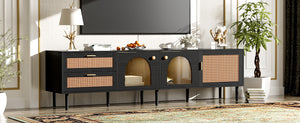 English Elm Rattan Black TV Stand with 3 Cabinets & 2 Rattan Drawers, LED Media Console, Cable Management, 80" N710P206015B