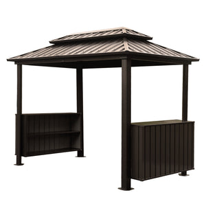 English Elm 6x10FT Hardtop Grill Gazebo with Double Galvanized Steel Roof, Ventilated Two-Tier Design & Storage Hooks Brown W1859S00116