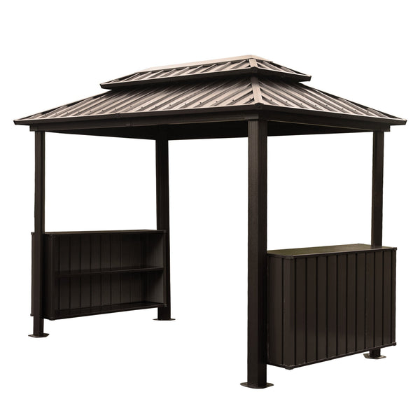 English Elm 6x10FT Hardtop Grill Gazebo with Double Galvanized Steel Roof, Ventilated Two-Tier Design & Storage Hooks Brown W1859S00116