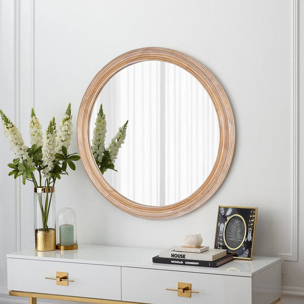 English Elm 27.5-Inch Round Wall Mirror – Rustic Farmhouse Decor With Distressed Whitewash Frame For Any Room W2295P339108