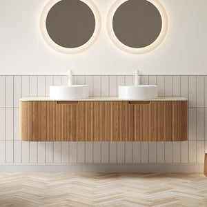 English Elm Dina 60 Inch Floating Bathroom Vanity Sintered Stone Top Dual Glass Basins Wood Grain W2615S00343