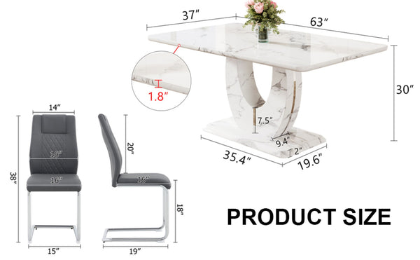 English Elm Table And Chair Set - Modern Marble Pattern Mdf Dining Table With 6 Dark Gray Pu Chairs, Ergonomic Comfort W1151S02186-GIGA