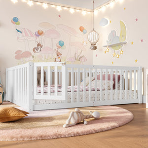 English Elm Twin Floor Bed Pine Wood Frame with Guardrails and Door for Safe Toddler Sleep Light White W1580P417670