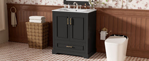 English Elm 30" Freestanding Bathroom Vanity Matte Black Solid Wood Ceramic Sink Soft Close N729P321376B