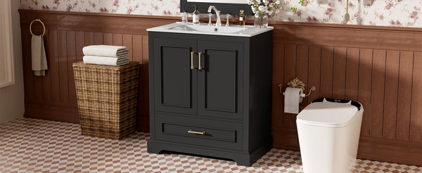 English Elm 30" Freestanding Bathroom Vanity Matte Black Solid Wood Ceramic Sink Soft Close N729P321376B