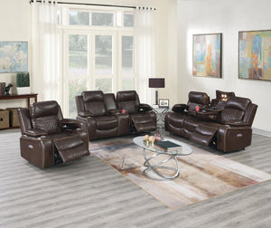English Elm Power Motion Loveseat - Contemporary Brown Gel Leatherette With Usb, Cup Holders & Storage Arms B011S01066-GIGA