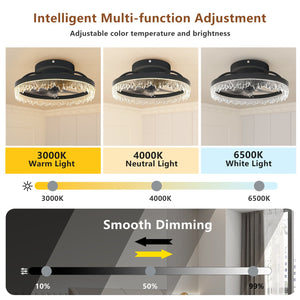 English Elm Smart Luxury Crystal Ceiling Fan with LED Light, 16" Flush Mount, 5 Invisible Blades, Dimmable Remote App Control W2312P368701