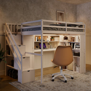 English Elm Full Loft Bed with Integrated Wardrobe Desk Shelving and Led Lighting for Teen Rooms Beige LT000927AAA