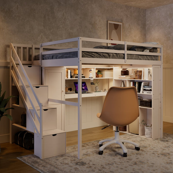 English Elm Full Loft Bed with Integrated Wardrobe Desk Shelving and Led Lighting for Teen Rooms Beige LT000927AAA