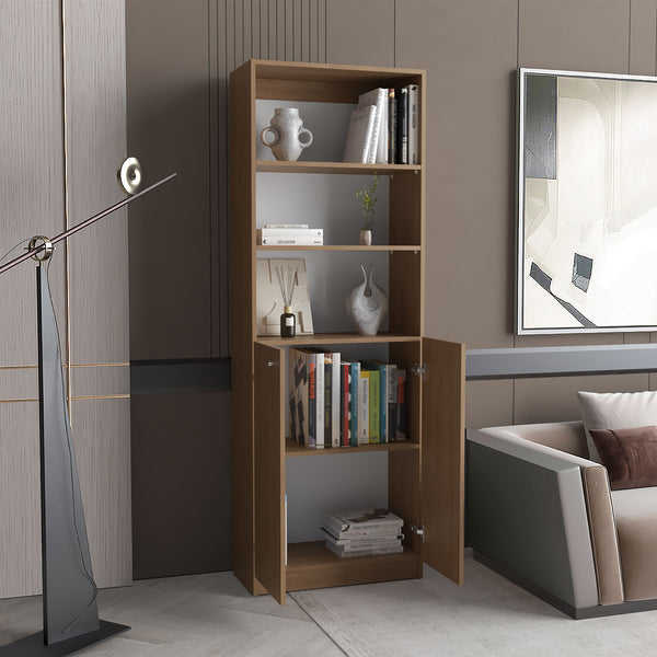 English Elm 2-Door Natural Wood Bookcase with 3 Open Shelves & Hidden Lower Storage — Sturdy, Eco-Friendly Design B097P296881