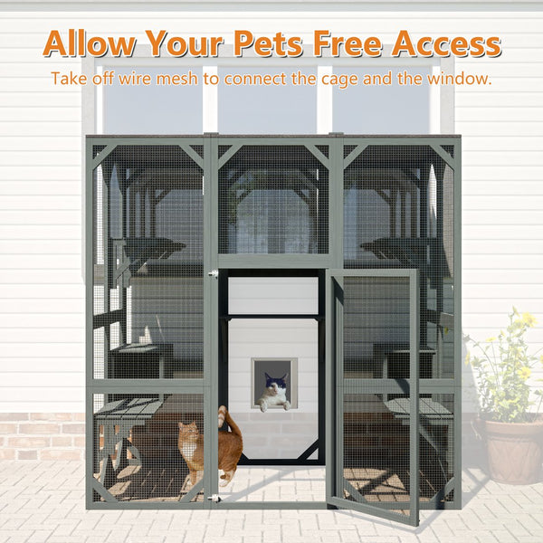 English Elm Outdoor Wooden Catio Enclosure with Platforms Condos and Weatherproof Fir Frame for Cats W1422P345496