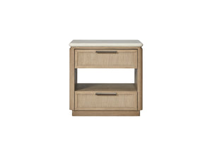 English Elm Two Drawer Coastal Nightstand with Woven Rope Fronts Stone Top and Usb Charging B2699P323471