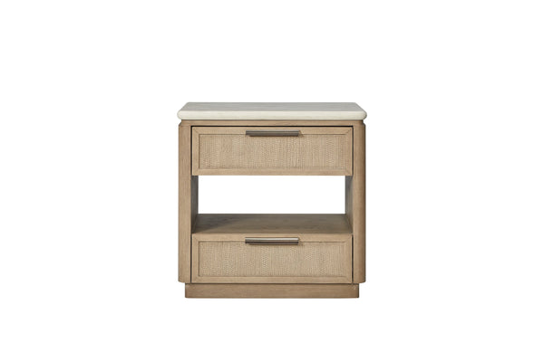English Elm Two Drawer Coastal Nightstand with Woven Rope Fronts Stone Top and Usb Charging B2699P323471
