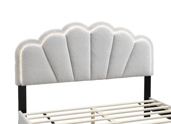 English Elm White Queen Wool Fabric Platform Bed with Scalloped Tufted Headboard, LED Lighting, Fully Upholstered Elegance B011P238976