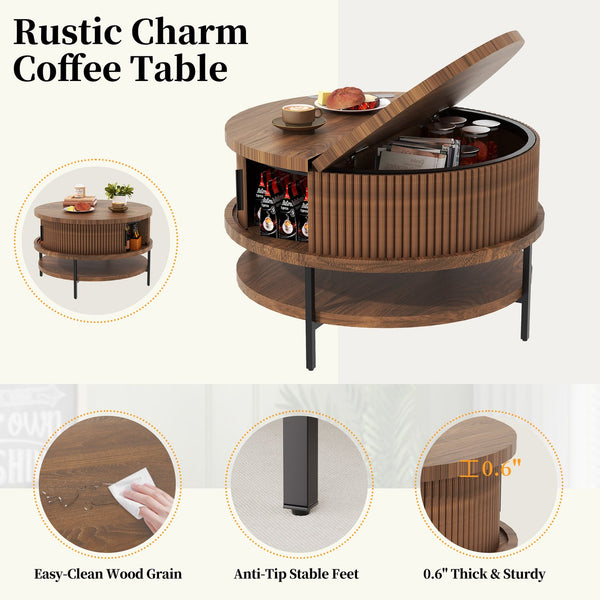 English Elm Flip-top Round Storage Coffee Table Farmhouse Wood Grain Steel Frame Living Room T2398P411961