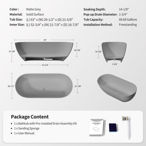 English Elm 63" Stone Resin Freestanding Soaking Tub Matte Sculpted Surface for Spa Bathroom W1920P410083