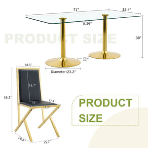English Elm Table and Chair Set 12 Piece Tempered Glass Dining with Gold Metal Legs Modern Black+Gold,Transparent W1151S04772