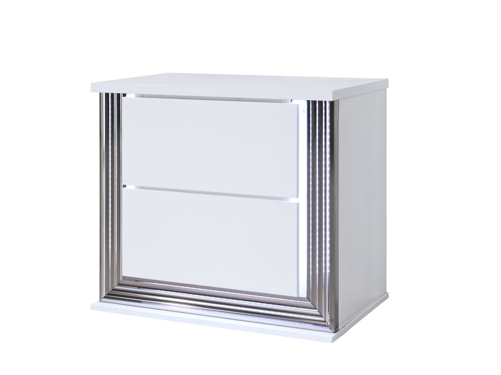 English Elm MOON Smooth White Nightstand with LED Accent Lighting, High Gloss Solid Wood + MDF Modern Elegance B201P227106