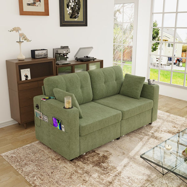 English Elm Sofas for Living Room Chenille Three Seat Couch with Usb Charging Storage and Cup Holder Olive W395S00146