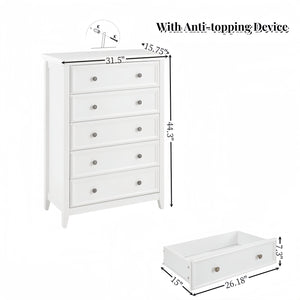 English Elm Modern 5 Drawers Dresser with Smooth Glide Drawers, Stylish Metal Handles & Unique Stable Feet Organizer for Bedroom and Living Room Storage (45.87"L x 20.08"W x 11.03"H) White W2275P149803