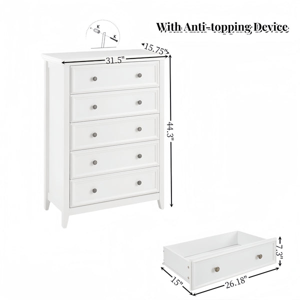 English Elm Modern 5 Drawers Dresser with Smooth Glide Drawers, Stylish Metal Handles & Unique Stable Feet Organizer for Bedroom and Living Room Storage (45.87"L x 20.08"W x 11.03"H) White W2275P149803