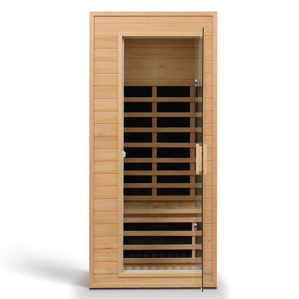 English Elm Hemlock Single Infrared Sauna with Roof Heaters Tempered Glass Door and Led Light W632S00011