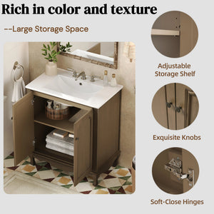 English Elm Christopher Knight Home® - 30" Vintage Bathroom Vanity with Rectangle Ceramic Sink, Rubber Wood Legs, Soft-Close Doors, Adjustable Shelves Antique brown N817P245316L