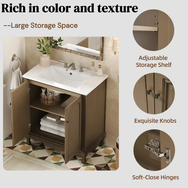 English Elm Christopher Knight Home® - 30" Vintage Bathroom Vanity with Rectangle Ceramic Sink, Rubber Wood Legs, Soft-Close Doors, Adjustable Shelves Antique brown N817P245316L
