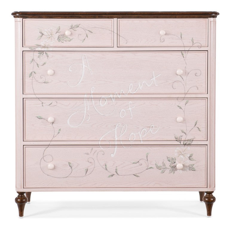 Hooker Furniture Moment Of Hope Chest — Pink Handpainted Floral Dresser With 5 Self-Closing Drawers, Oak/Walnut Veneer, Charity Support 5000-85001-61
